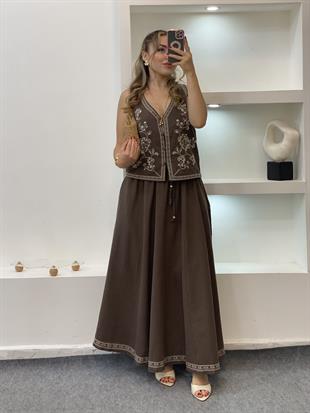 Kahve Nakışlı Yelek Etek Keten Takım