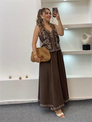 Kahve Nakışlı Yelek Etek Keten Takım