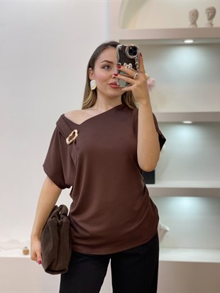 Kahve Omuz Gold Çıkarılabilir Broşlu Modal Bluz