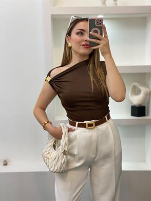 Kahve Omuz Gold Tokalı Bluz