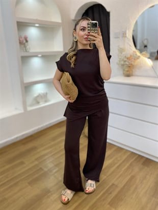 Kahve Omuz Vatkalı Asimetrik Kesim Modal Takım