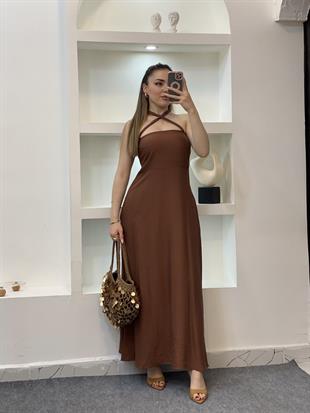 Kahve Omuzları Bağlamalı Keten Elbise