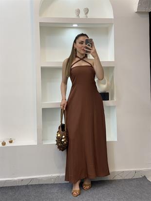 Kahve Omuzları Bağlamalı Keten Elbise
