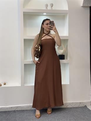 Kahve Omuzları Bağlamalı Keten Elbise