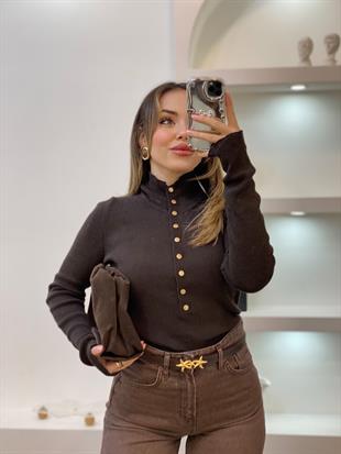 Kahve Önü Çıtçıtlı Model Kazak
