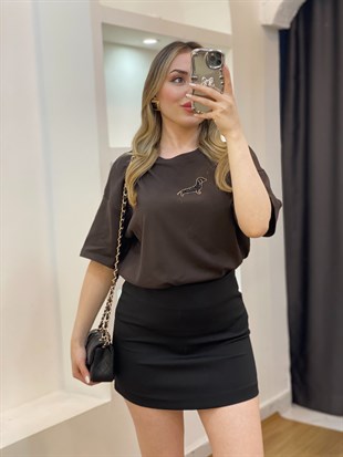 Kahve Önü Figürlü  Pamuklu Tshirt 