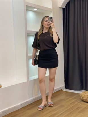 Kahve Önü Figürlü  Pamuklu Tshirt 