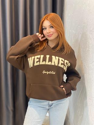 Kahve Önü Yazılı Kapşonlu Sweatshirt 