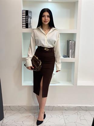 Orj Marka Kahve Önü Yırtmaçlı Kalem Etek