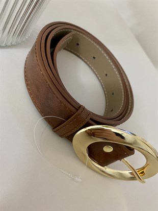 Kahve Oval Gold Tokalı Deri Kemer