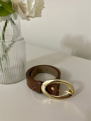Kahve Oval Gold Tokalı Deri Kemer