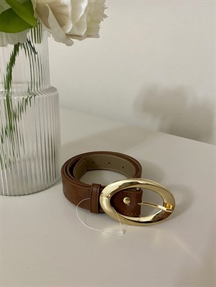 Kahve Oval Gold Tokalı Deri Kemer