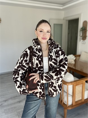 Kahve Papatya Desen Polar Fermuarlı Hırka