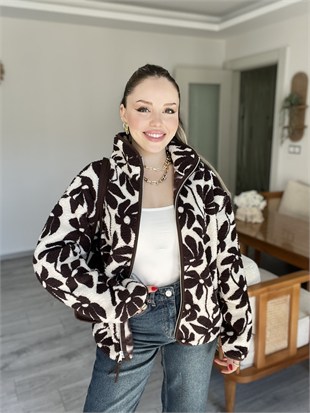 Kahve Papatya Desen Polar Fermuarlı Hırka