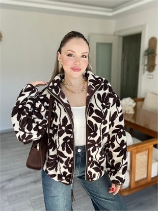 Kahve Papatya Desen Polar Fermuarlı Hırka