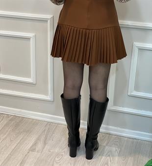 Kahve Piliseli Arkası Fermuarlı Etek