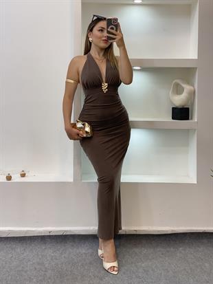 Kahve Premium Kalite Sırt Dekolteli Elbise