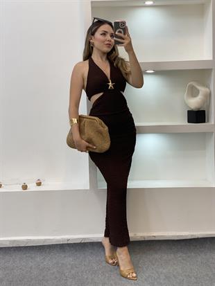 Kahve Premium Kalite Sırt Dekolteli Elbise