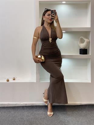Kahve Premium Kalite Sırt Dekolteli Elbise