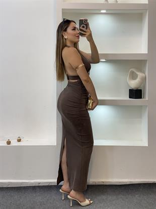 Kahve Premium Kalite Sırt Dekolteli Elbise
