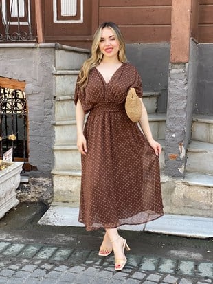 Kahve Puantiyeli Şifon Elbise