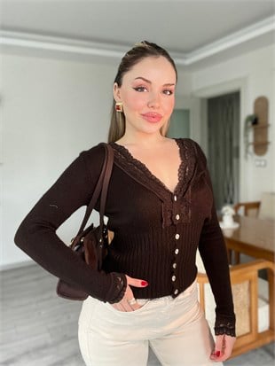 Kahve Renk Dantel Detaylı Hırka