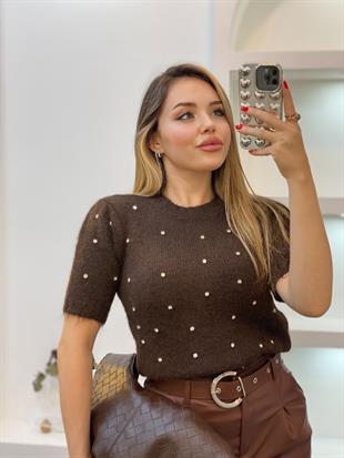 Kahve Renk Taş Detay Triko Kazak