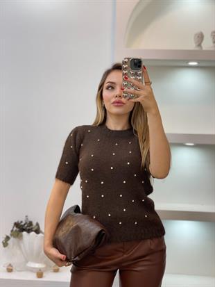 Kahve Renk Taş Detay Triko Kazak