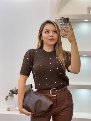 Kahve Renk Taş Detay Triko Kazak