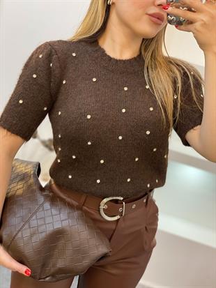 Kahve Renk Taş Detay Triko Kazak