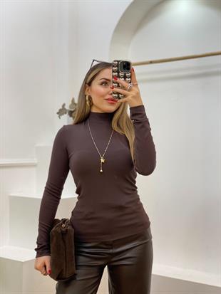 Kahve Renk Yarım Boğazlı Modal Kumaş Basic Bluz