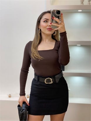 Kahve Sandık Yaka Basic Bluz