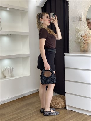 Kahve Sandık Yaka Kısa Kol Basic Bluz