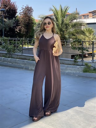 Kahve Sırt Çapraz Model Viskon Tulum