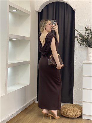Kahve Sırt Dekolteli Modal Kumaş Likralı Elbise