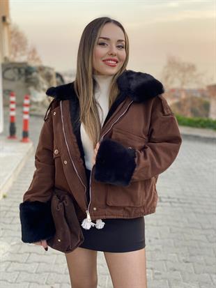 Kahve Siyah İçi Full Kürklü Kot Mont