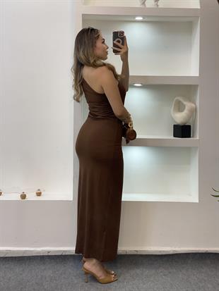 Kahve Tek Omuz Gold Toka Detaylı Elbise