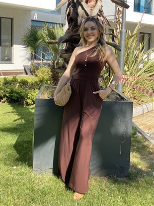 Kahve Tek Omuz Likralı Sandy Tulum