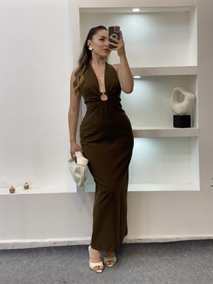 Kahve Toka Detaylı Sırt Dekolteli Keten Elbise