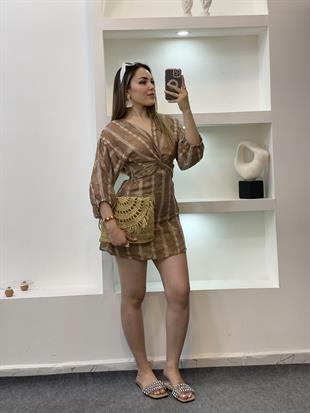 Kahve Transparan Mini Dekolteli Elbise 