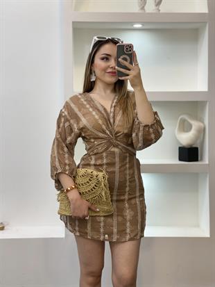 Kahve Transparan Mini Dekolteli Elbise 