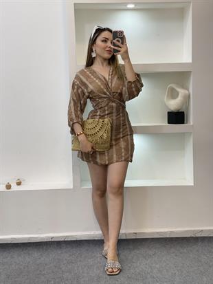 Kahve Transparan Mini Dekolteli Elbise 