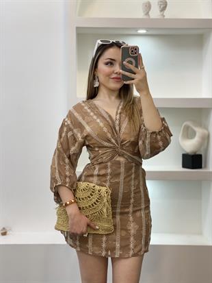 Kahve Transparan Mini Dekolteli Elbise 
