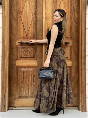 Kahve Üzerine Haki Desenli Beli Drapeli Etek