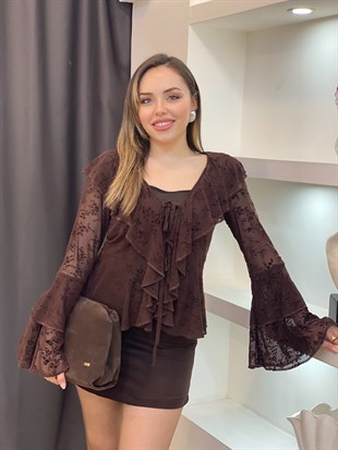 Kahve Volanlı Önü Bağlamalı Bluz