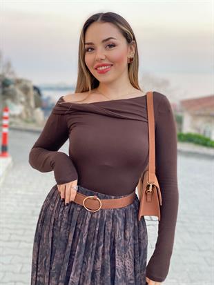 Kahve Yaka Düğüm Detaylı Bluz