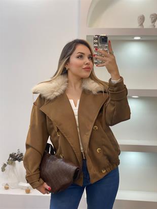 Kahve Yaka Kürklü Süet Ceket