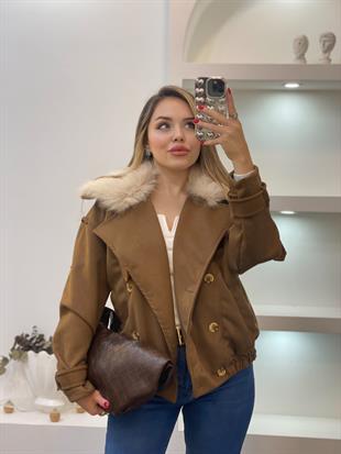 Kahve Yaka Kürklü Süet Ceket