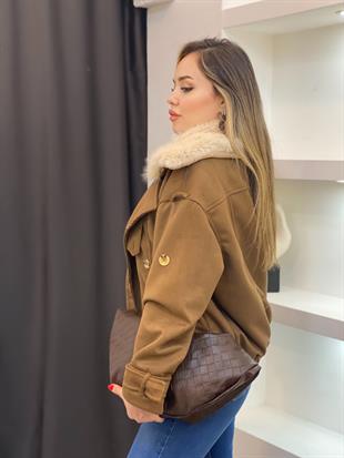 Kahve Yaka Kürklü Süet Ceket