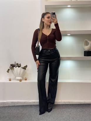 Kahve Yakası Büzgülü Basic Bluz